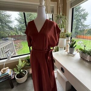 Women's Rust Wrap Linen Jumpsuit with  Waist Tie